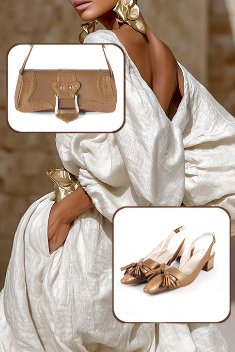 Dress slingback bow heels in camel beige leather with kitten heels and tapered toe - Worn view